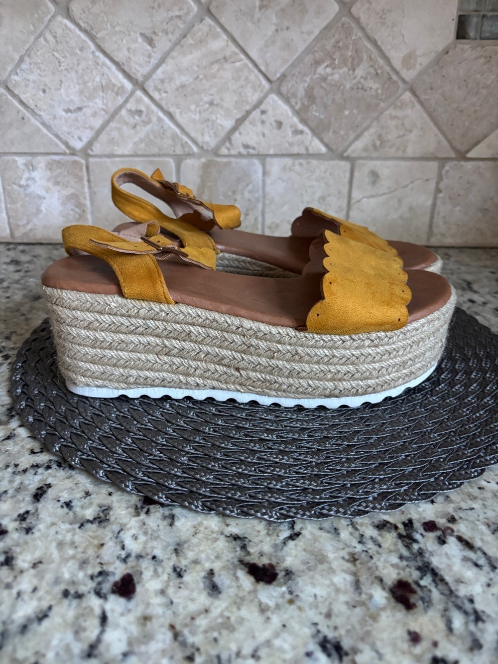 AMS Emma Mustard Yellow Platform Scallop Edged Espadrille Wedge Sandals.